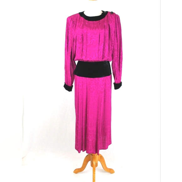 St. Gillian Pleated Fuchsia Pink Silk and Velvet 30s Inspired Vintage 80s  S M - Picture 1 of 14
